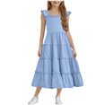 thumbnail image 3 of lcziwo Summer Dresses for Girls Ruffle Sleeve Maxi Sundress Tiered A Line Casual Swing Dress Blue 11 Years, 3 of 8