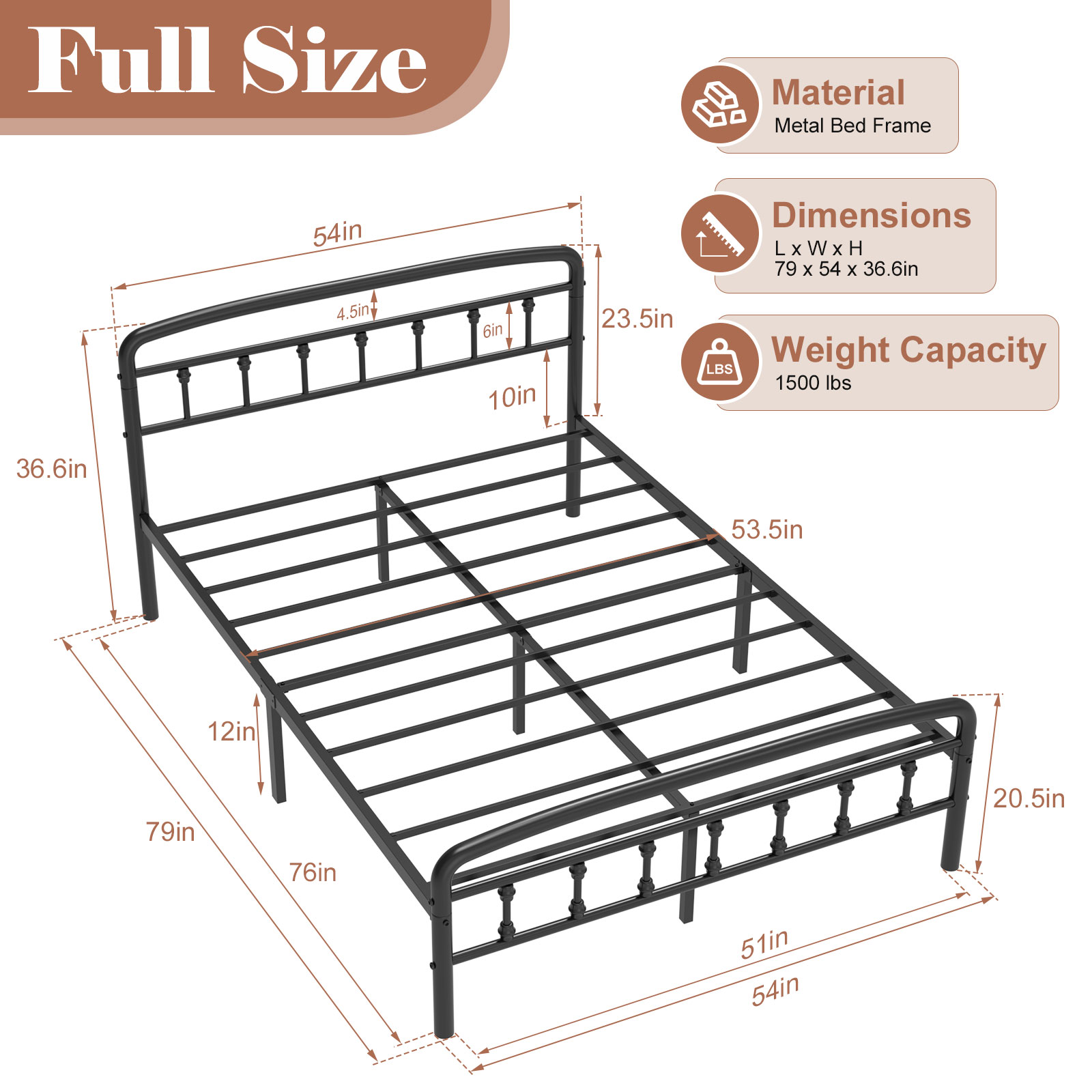 Kinsfook Metal Full Size Bed Frame with Victorian Headboard, Black photo 3
