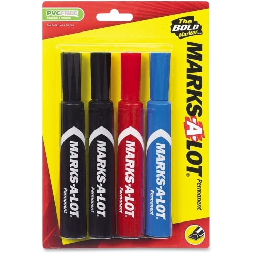 Avery Marks A Lot Permanent Markers, Regular Desk-Style, Asstd, 4/PK Regular Marker Point - Chisel Marker Point Style - Black, Blue, Red - Black, Blue, Red Barrel - 4 / Pack