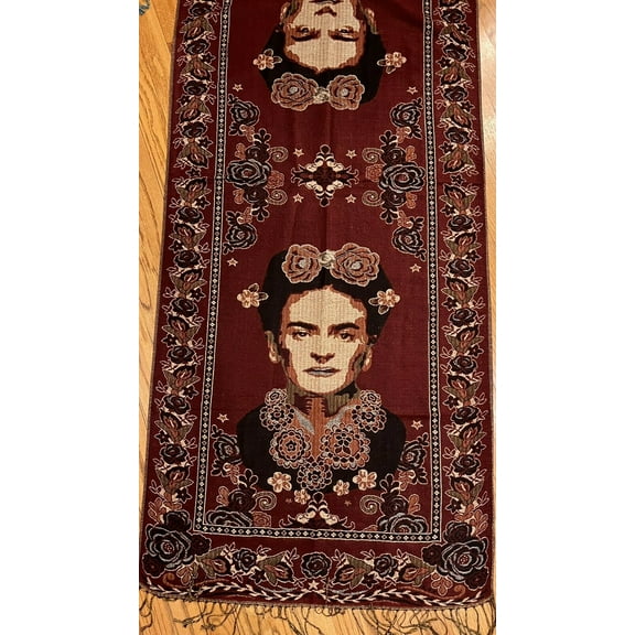 Mexican Pashmina Shawl Scarf Wrap Artist Frida Kahlo Burgundy Wine Reversible New