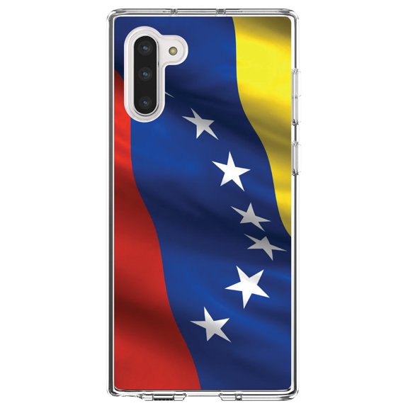 DistinctInk Clear Shockproof Hybrid Case for Samsung Galaxy Note 10 (6.3" Screen) - TPU Bumper, Acrylic Back, Tempered Glass Screen Protector - Venezuela Waving Flag Red Blue Yellow - Venezuela