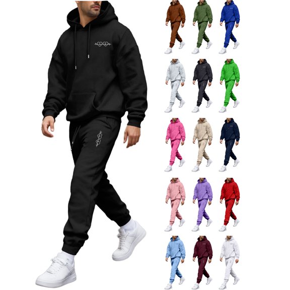 mihongmao Outfits for Men Casual Pullover Hooded Sports Print Long Sleeve Trousers Two-Piece Elastic Waist Tracksuit Green L