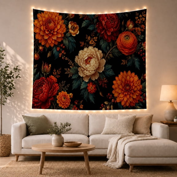 Dark Floral Bouquet With Orange and Red Blooms, Moody Vintage Style for Flower Lovers, Botanical Wall Art, Mother's Day Gift, Tapestry Wall Hanging for Bedroom and Living Room
