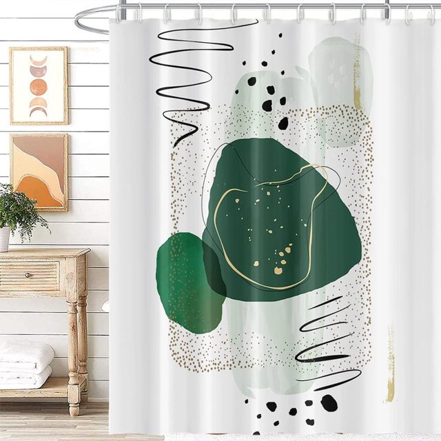 Mid-Century Abstract Shower Curtain - Watercolor Green Chic Pattern, Modern Minimalist Design, Includes 12 Hooks, 72x72 Inches, Perfect for Contemporary Bath Decor