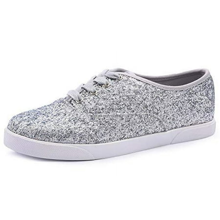 

Feversole Women s Fashion Dress Sneakers Party Bling Casual Flats Embellished Shoes Silver Plimsolls Glitter Lace Size 9.5 M US