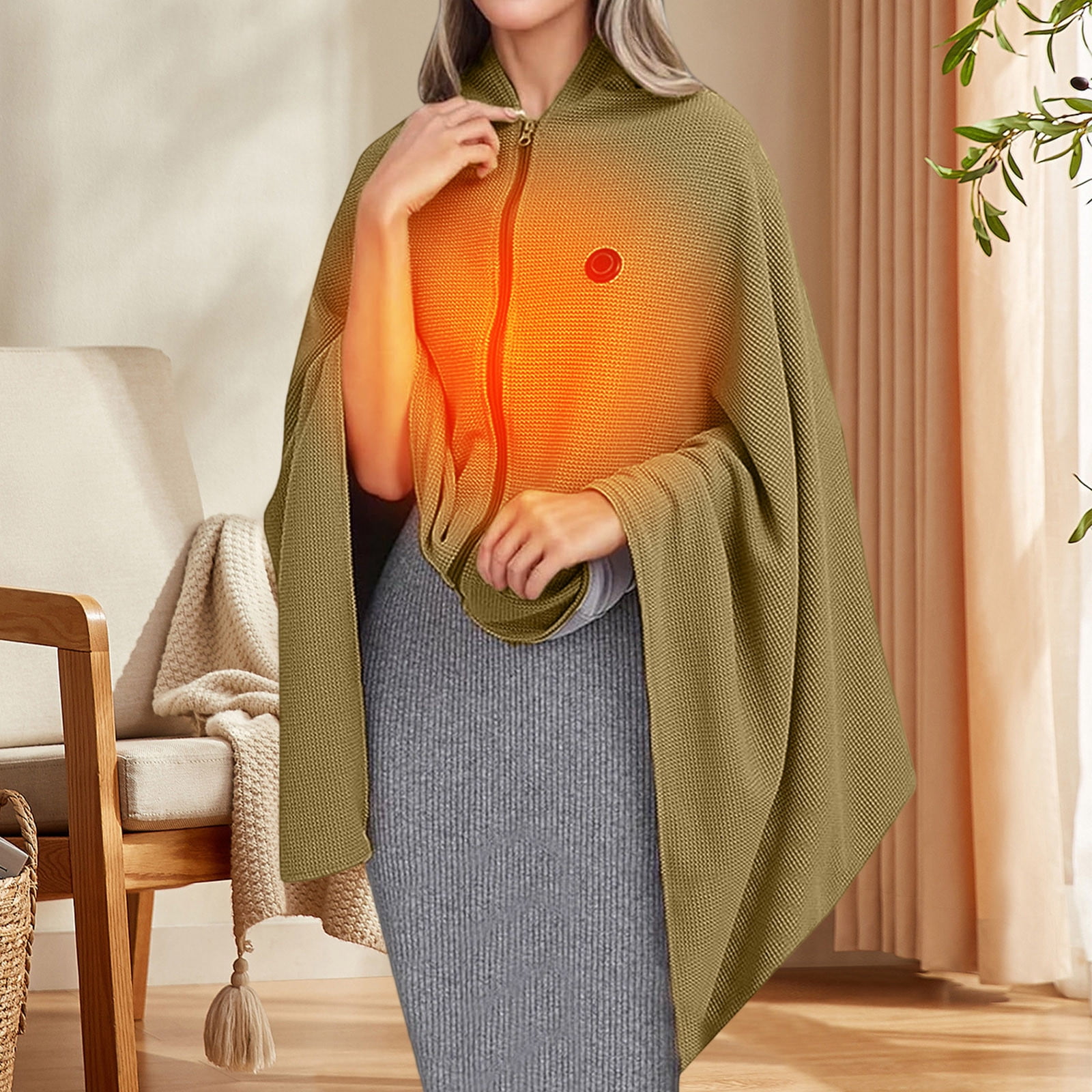 Portable Heated Shawl Wraps for Women, Portable Soft Zipper Electric Heated Blanket Shawl, Women Heated Graphene Warming Blanket (Green, 5000mAh)