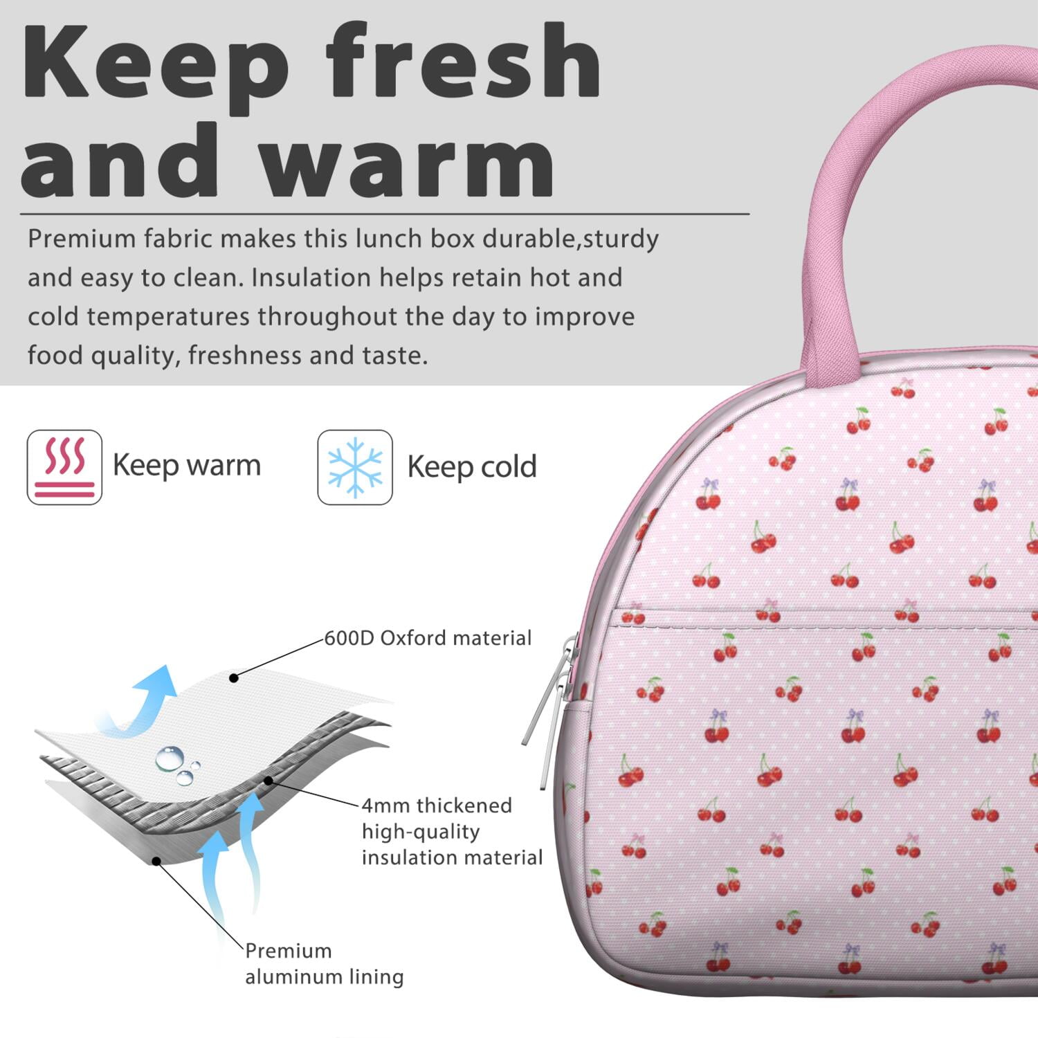 Cute Insulated Lunch Bag for Women, Reusable Thermal Lunch Tote with Cherry Print Design, Sweet Red and Pink Aesthetic, Perfect for Work, Picnic, and Travel