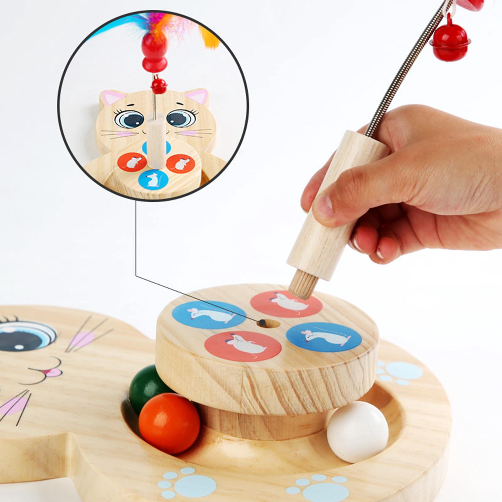 Wooden Cat Toy, Cat Turntable with Balls, Cat Toy Feather Stick, Feather Teaser, Interactive Training Toy , Cat Shaped