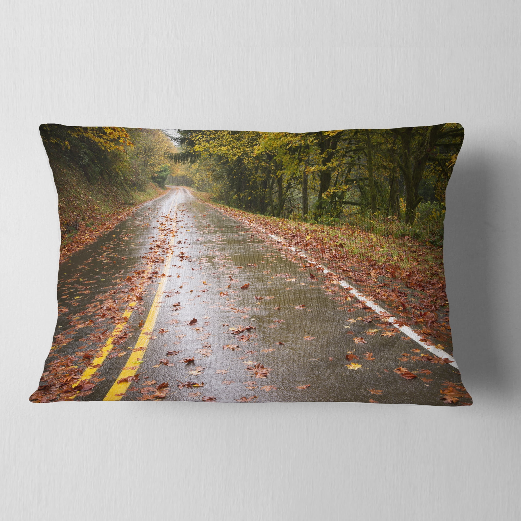 Designart Wet Rainy Road in Forest - Landscape Photo Throw Pillow - 12x20