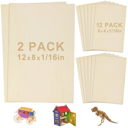 LotFancy 14pc Blank Plywood Unfinished Basswood Sheets for Crafts,12Pc 6x4x1/16 in, 2Pc 12x8x1/16 in