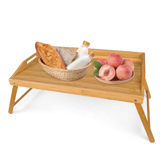 Bamboo Bed Tray, Breakfast Bed Tray With Folding Legs Large Tray With Carrying Handles Portable Lap Tray Lightweight Decorative Tray Food Tray For Breakfast In Bed, Reading Or Working