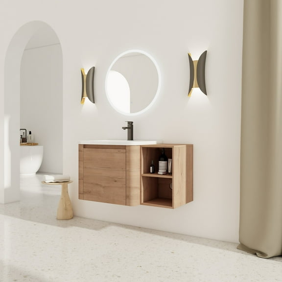 Noble House 36" Wall-Mounted Bathroom Vanity, White Ceramic Sink, Soft-Close Door, Storage Shelves, Imitative Oak