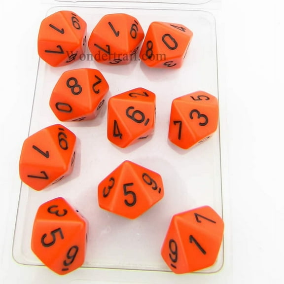 Orange Opaque Dice with Black Numbers D10 16mm (5/8in) Pack of 10 Dice Chessex