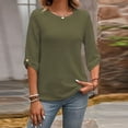 thumbnail image 2 of WTOBBY Women's Waffle Knit Round Neck 3/4 Sleeve Solid Color Casual Top for Spring Fall Season Comfortable Everyday Wear and Layering,Army Green L, 2 of 8