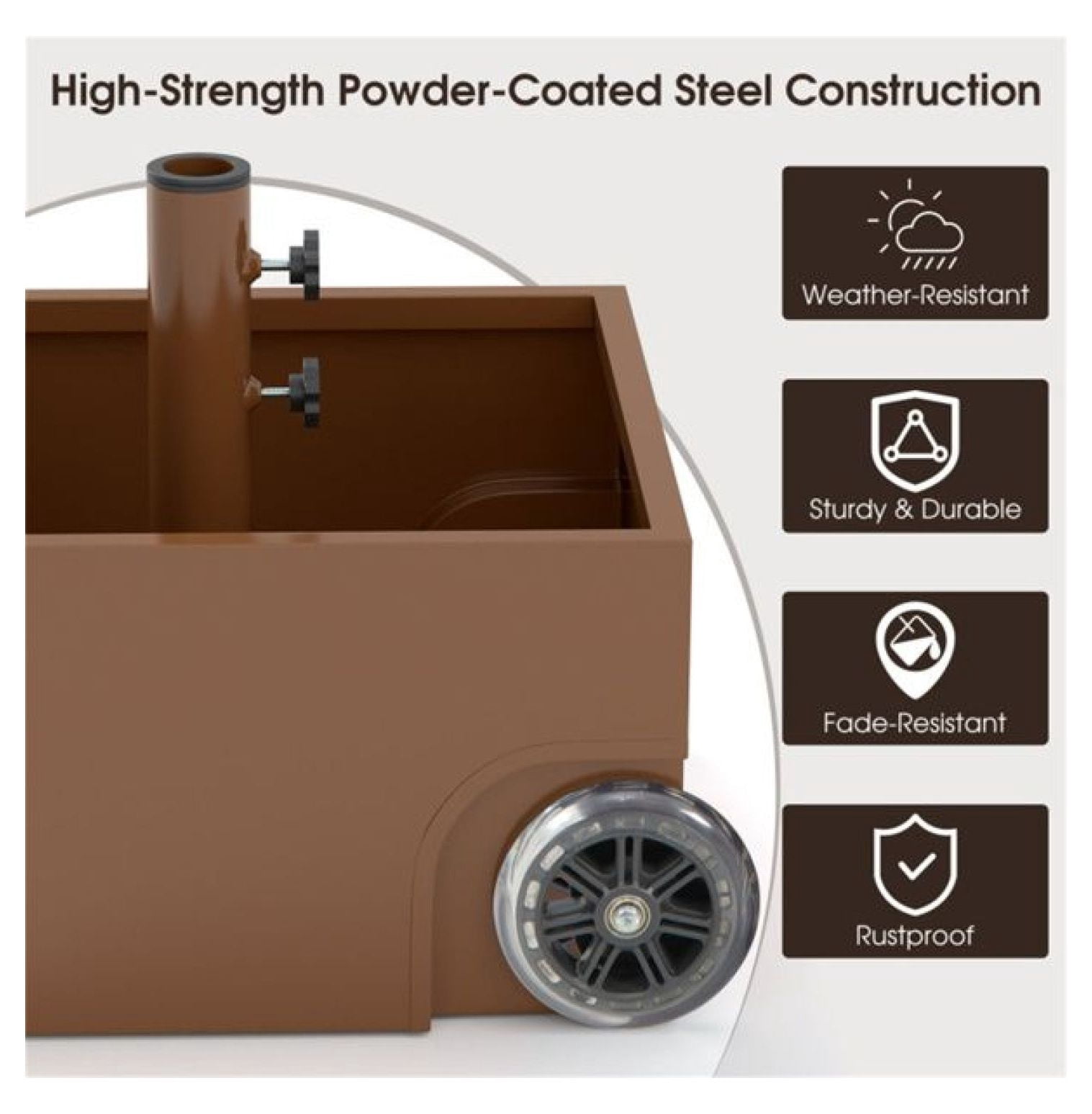 150LBS Umbrella Base with Wheels, Coffee, Patio Umbrella Stand for 7.5-11ft Umbrellas, Fillable Planter, 2 Adapters, Heavy Duty Steel