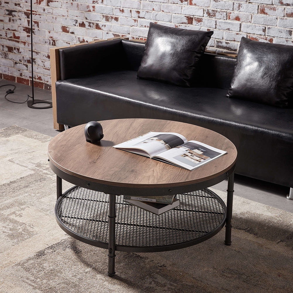 Kadyn 2-Tier Single Panel Round Coffee Table, Modern Industrial Round Coffee Table for Home Office, Retro Sofa Side Table with 3D Texture Metal Frame and Mesh, Dark Brown Kadyn 2-Tier Single Panel Round Coffee Table, Modern Industrial Round Coffee Table for Home Office, Retro Sofa Side Table with 3D Texture Metal Frame and Mesh, Dark Brown