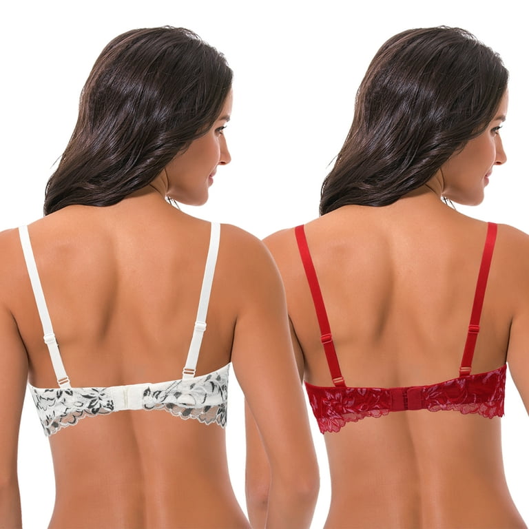 Curve Muse Women's Underwire Plus Size Push Up Add 1 and a Half Cup Lace  Bras-2PK-White/Black,Red/White-48C 