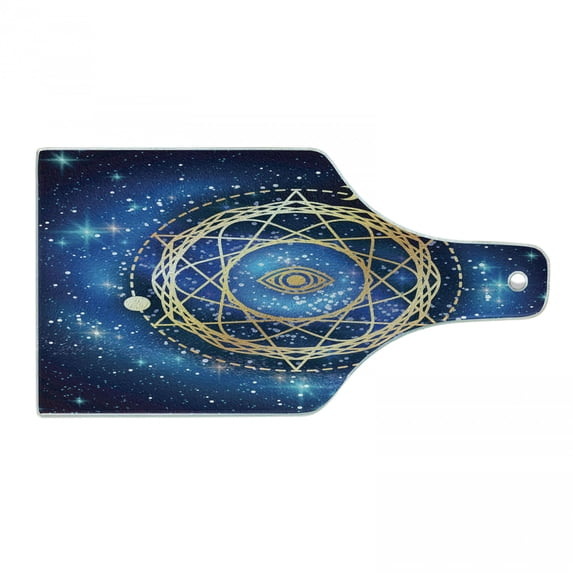 Galaxy Mandala Cutting Board, Geometry Emblem on Bokeh Style Background, Decorative Tempered Glass Cutting and Serving Board, Wine Bottle Shape, Pale Coffee Cobalt Blue, by Ambesonne