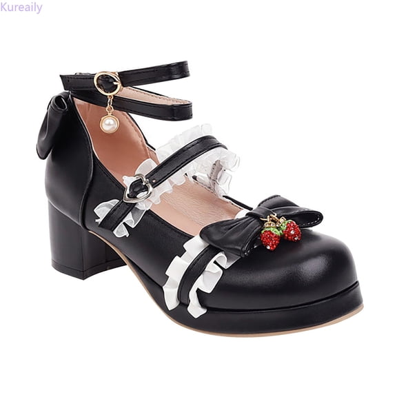Kureaily Big Girls Gorgeous Princess Shoes Lace Up Pu Bow Decorated Thick Heels High Heels Party Wedding Prom Shoes/ Size 1,9-9.5 Years(Black)