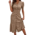 thumbnail image 2 of THDHVS Summer Dresses for Women 2025,Plus Size Dresses,Women's Textured V-neck Slit Dress Sleeveless V-neck Dress Khaki 2XL, 2 of 7