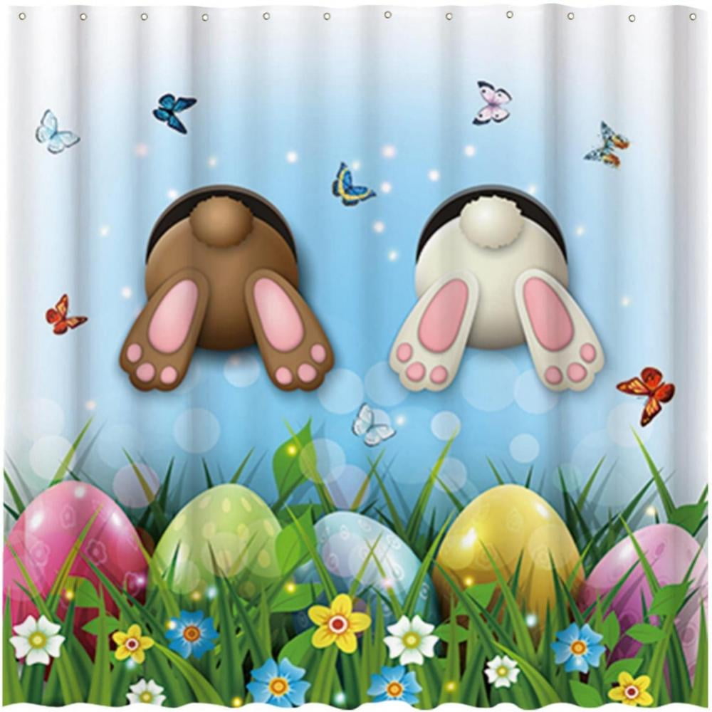 72" Waterproof Fabric Shower Curtain Hooks Spring Leaves Butterfly Happy Easter 