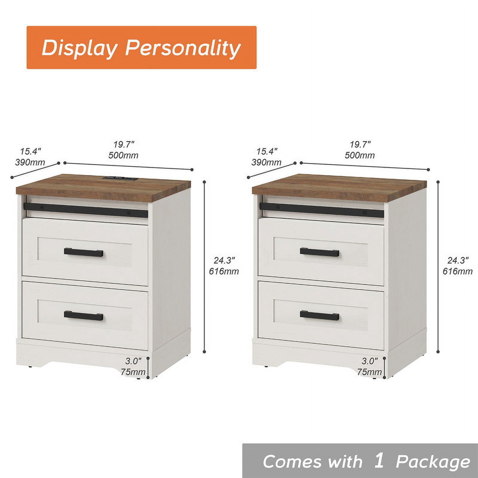 Set of 2 End Table with Charging Station Side Sofa Table with Drawers , Modern Nightstand with Power Outlets & USB Ports for Living Room, Bedroom Antique White