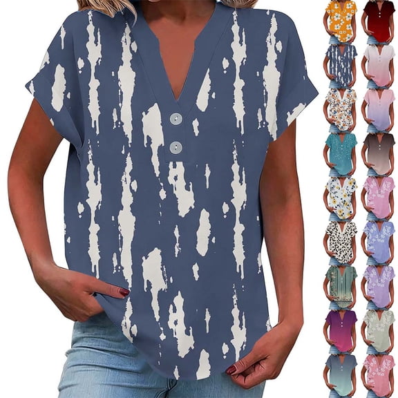 Otvok Women Casual Printed Short Sleeve Button Home V-Neck T-shirt Blouses