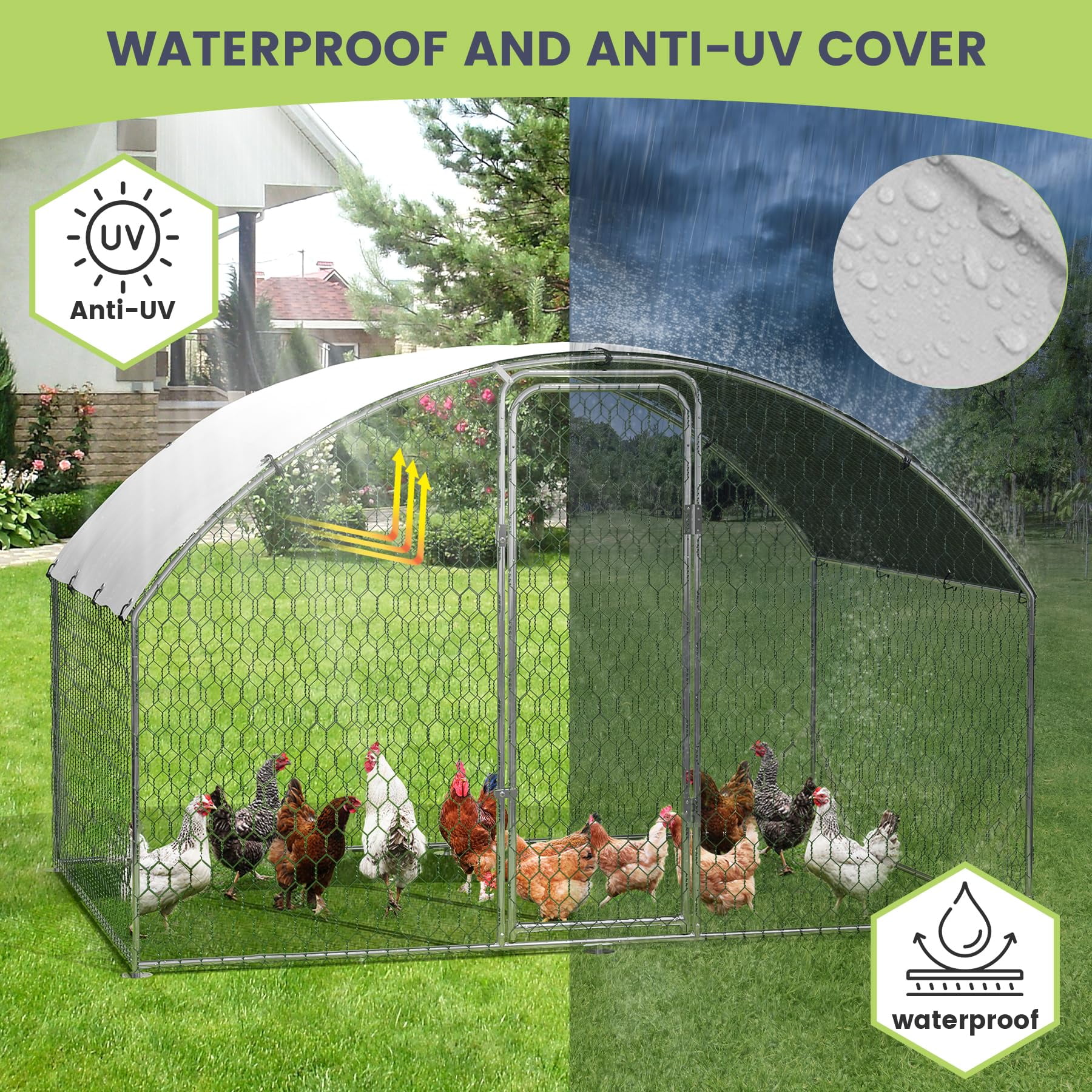 Large Metal Chicken Coop, Large Chicken Coop for Yard, Walk-in Poultry Cage with Waterproof and Anti-Uv Cover, Chicken Run for Outdoor Backyard Farm, Doom Roof, 9.8×6.5×6.5ft,Silver