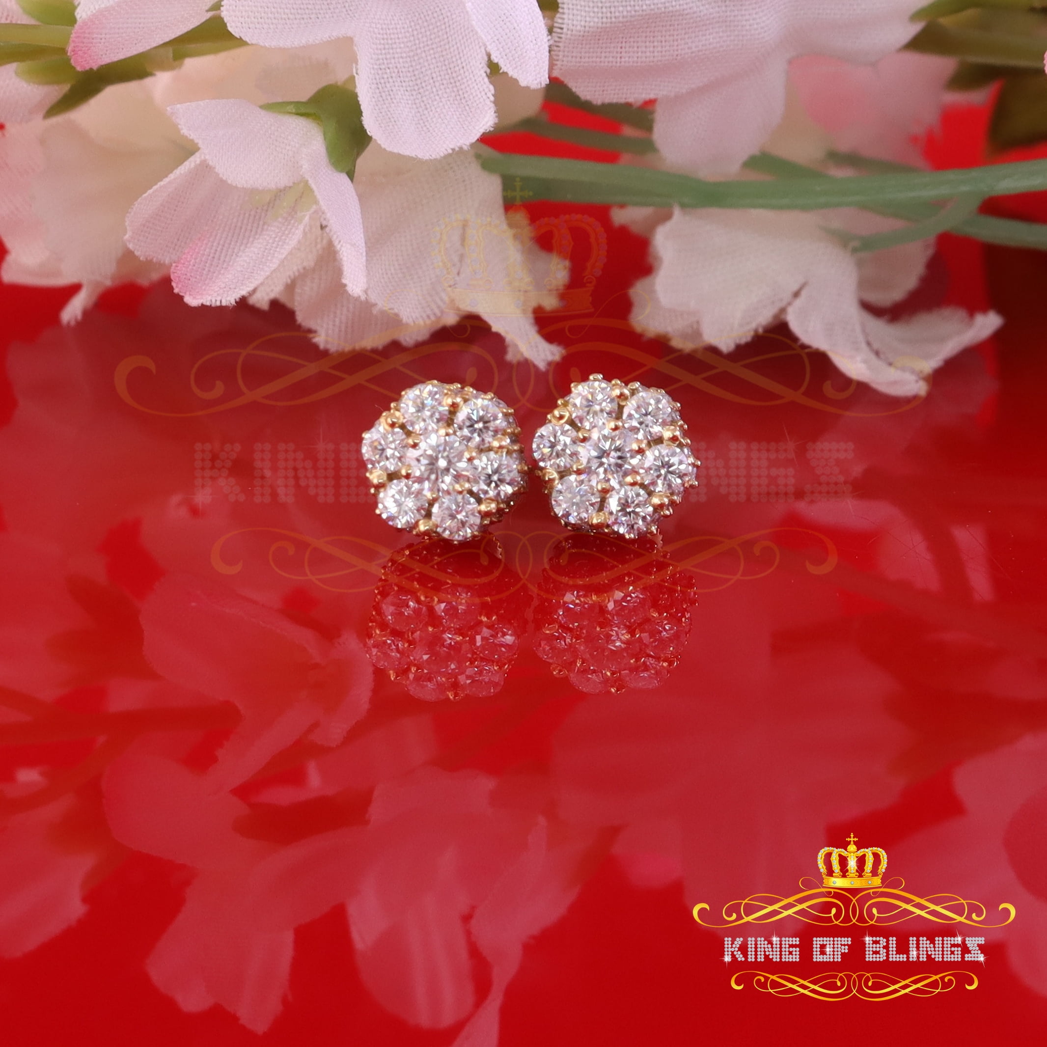 King of Bling's 925 Silver Yellow 1.50ct VVS 'D' Men's & Womens Moissanite Floral Stud Earrings