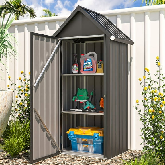 AECOJOY Outdoor Storage Shed with Floor & Metal Small Cabinet Waterproof with Shelves for Patio in Dark Grey