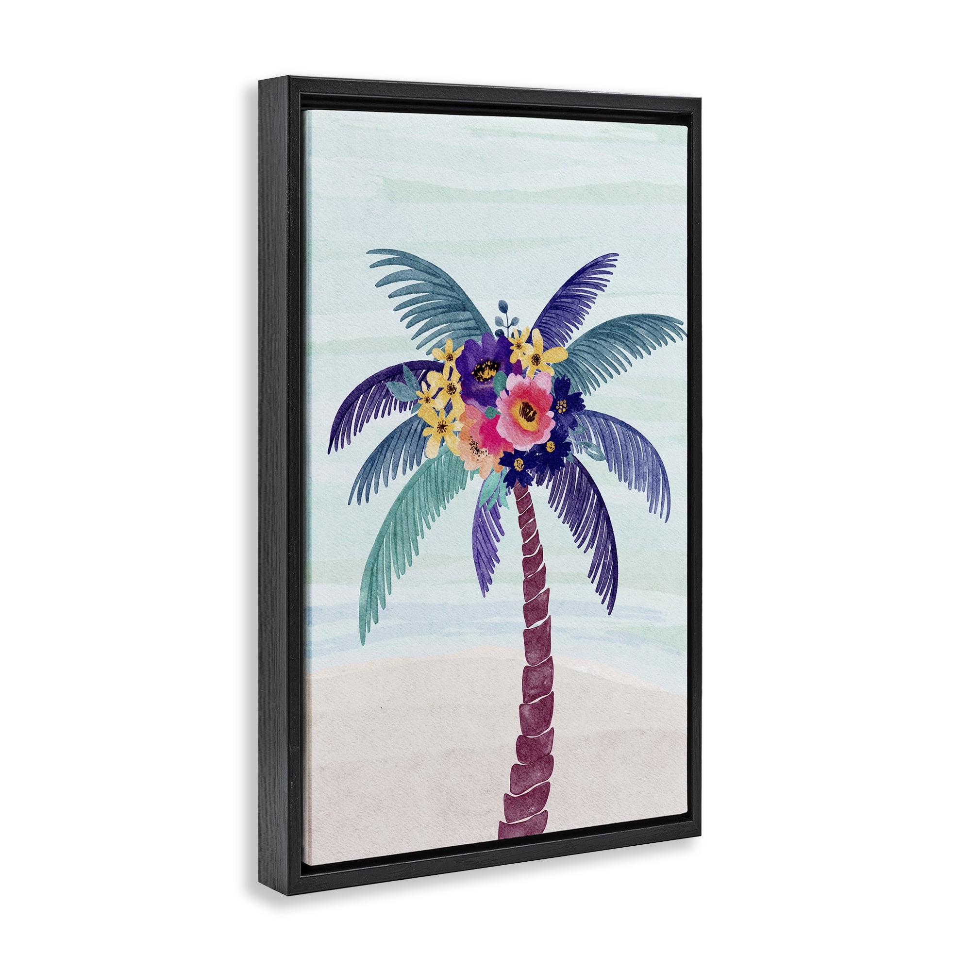 Stupell Industries Floral Palm Tree Beach Plants & Flowers Painting Black Floater Framed Canvas Art Print Wall Art, 17 x 25