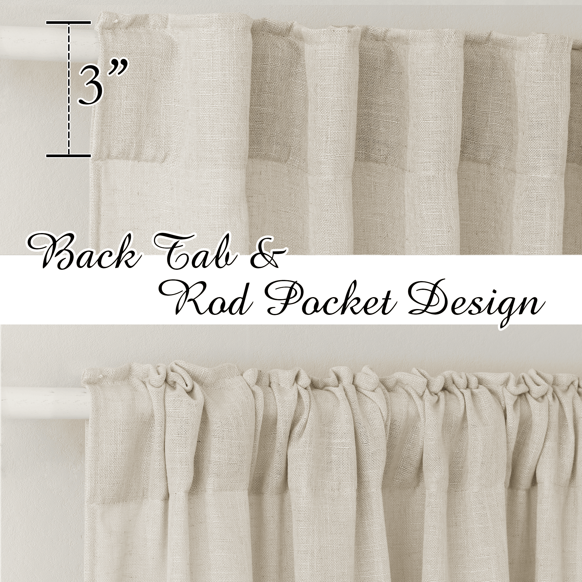 NICETOWN Semi Sheer Linen Curtains for Living Room, Light Filter Privacy Rod Pocket Back Tab Boho Linen Curtains for Nursery, Light Beige, 52"x95", Set of 2