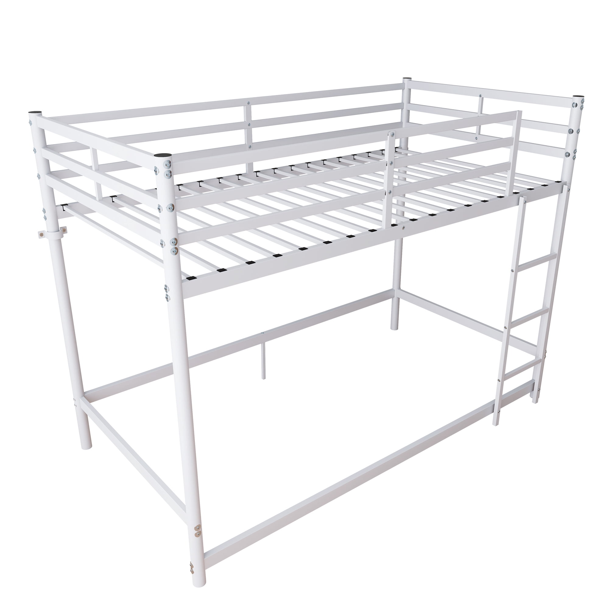 Leumius Low Loft Bed Twin Size,Metal Bunk Bed with Guardrail and 3-Step Ladder,Space Saving,White