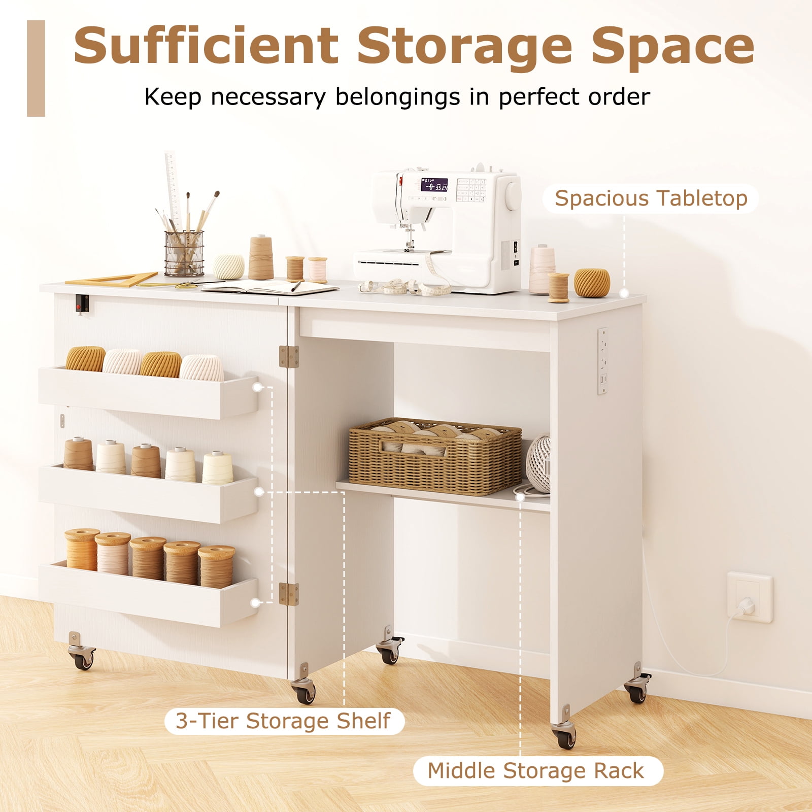 Topbuy Sewing Machine Table with Charging Station Folding Sewing Cabinet w/Lockable Casters White
