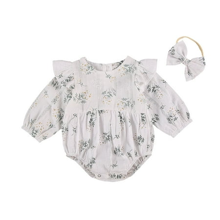 

Baby Girls Autumn Clothes Set Long Sleeve Floral O-neck Ruffle Romper+Headband