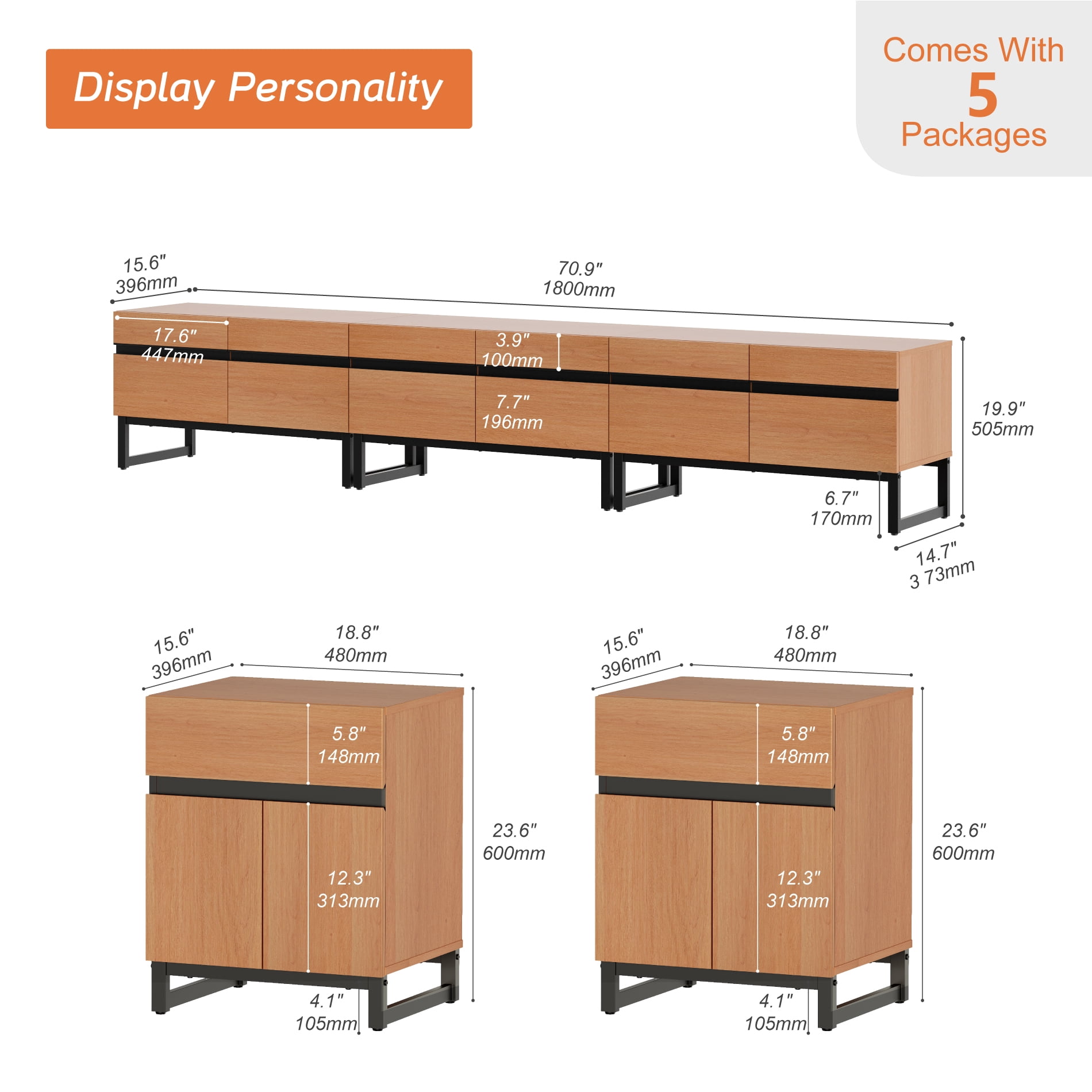Modern 3-Piece Living Room Set, 106 Inch TV Stand And 2 End Table Sets With Drawers, Media Console with Storage Shelves, Sturdy Wood Frame & Metal Legs, Contemporary Furniture for Living Room,Mocha