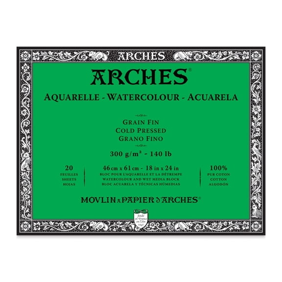 Arches Aquarelle Cold Pressed Watercolor Block 18"X24"- 140lb, 20 Sheets