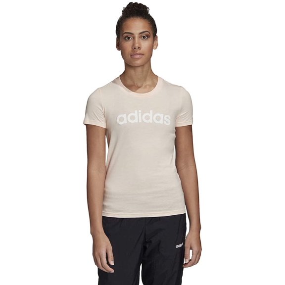 adidas womens Essentials Linear Tee Pink Tint/White Small
