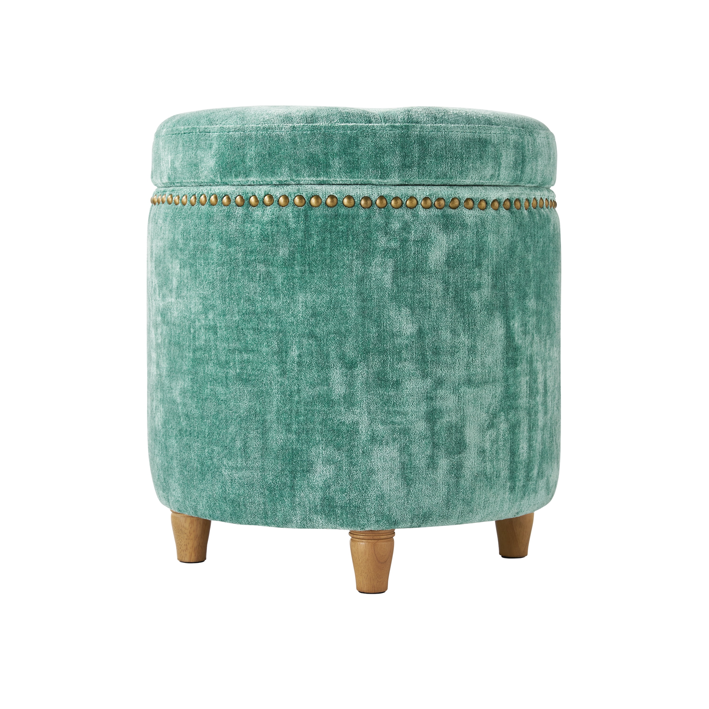 The Pioneer Woman Harper Round Velvet Storage Ottoman, Jade, 17.72 in