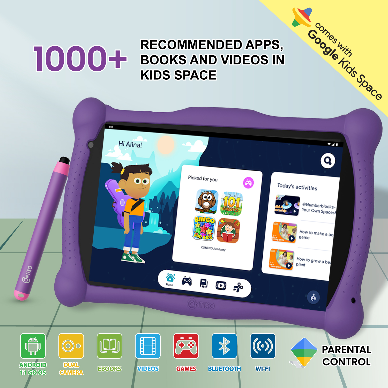 Contixo 7" Kids Learning Tablet HD Touch Screen, WiFi, Android 11, 2GB RAM, 32GB ROM, Protective Case with Kickstand, Age 3-9, V8-3-ST Purple - image 2 of 8