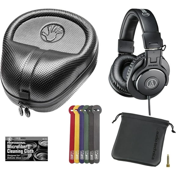 Audio-Technica ATH-M30x Closed-Back Monitor Headphones Black   Slappa Full Sized HardBody PRO Headphone Case SL-HP-07   Cable Ties   TheImagingWorld Cloth
