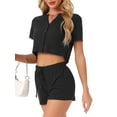 thumbnail image 4 of INSPIRE CHIC Women's Waffle Knit Button Down Pajamas Short Sleeve Crop Tops with Shorts 2 Piece Outfit Lounge Set L Black, 4 of 6