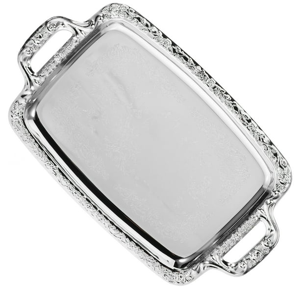 BRIGHTFUFU Plato rectangular de acero inoxidable para servir alimentos, bandeja para servir aperitivos y frutas con asa.