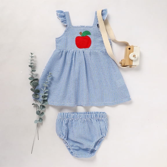 ZEHJUHAN Baby Girl Outfit Apple Applique Dress & Shorts Set Ruffle Sleeves Summer of School Outdoor Activities Blue,9-12M