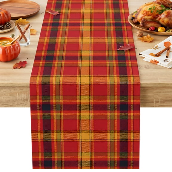Red Green Plaid Cotton Linen Table Runner for Dining Kitchen, Farmhouse Vintage Rustic Checkered Wedding Outdoor Party Tablerunners Decoration, Dresser Scarf Coffee Tablecloth Runners 13x48 Inches