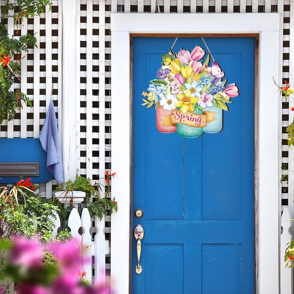 Spring Welcome Sign Wooden Door Plaque Colorful Flowers Hanging Front Door Decor For Porch Entrance Seasonal Home Decoration Welcome Plaque