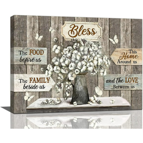 Farmhouse Flower Kitchen Decor Wall Art Rustic Farm Cotton Bless Family Christian Pictures Wall Decor Canvas Painting Prints Artwork Home Decor Framed for Kitchen Bedroom Dining Room 16"x12"