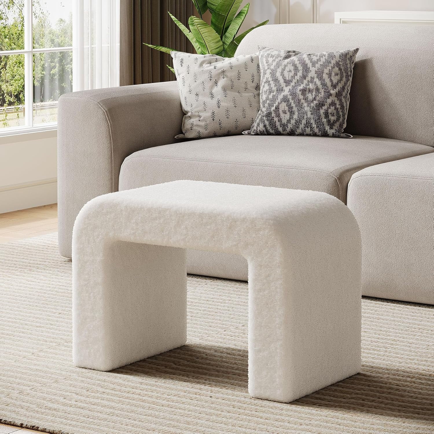 Modern Vanity Stool, Upholstered Ottoman, Arched Footstool, Sofa Footrest, Fully Assembled, White