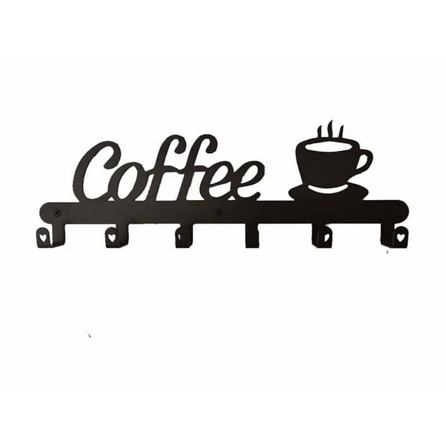 Jierger Wall Mounted Coffee Mug Holder, Metal Cup Rack with 4 Hooks and Decorative Sign, Modern Kitchen Organizer and Storage Display for Coffee Bar Decoration