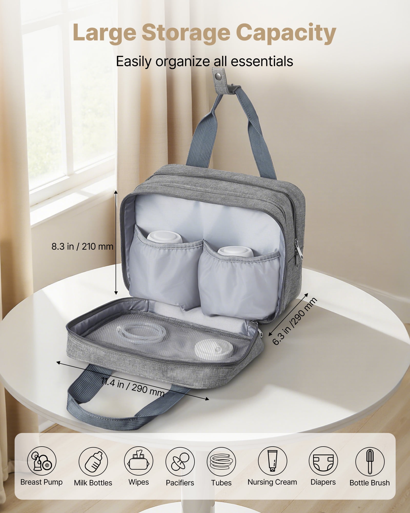 VEVOR Wearable Breast Pump Bag, Breast Feeding Bag with Ice Pack, Fits for M5/M6, Pumping Accessories & Breastmilk Storage, Portable Pump Carrying Case for Work, Travel & Family Use, Grey
